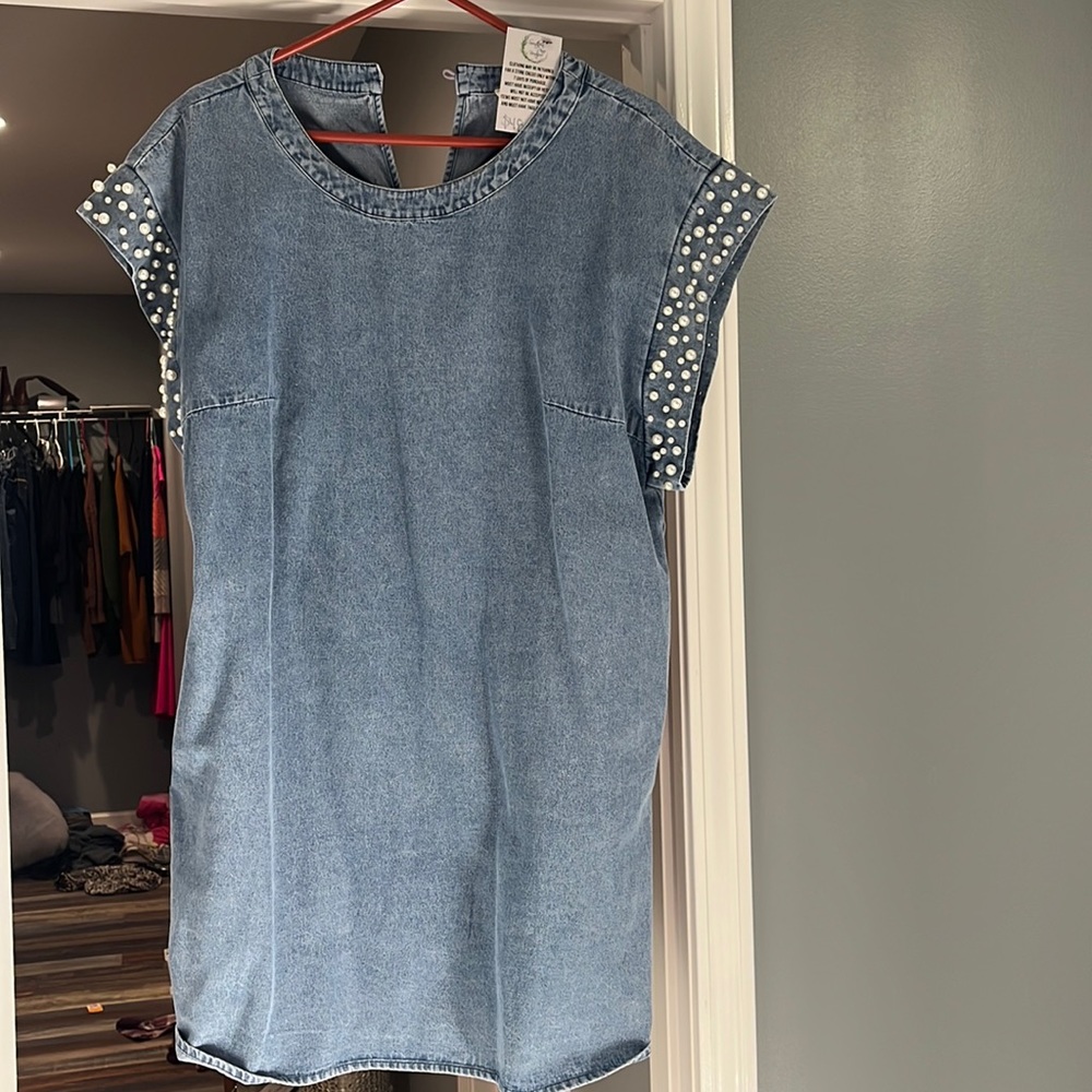 xl denim dress with pearls on sleeves